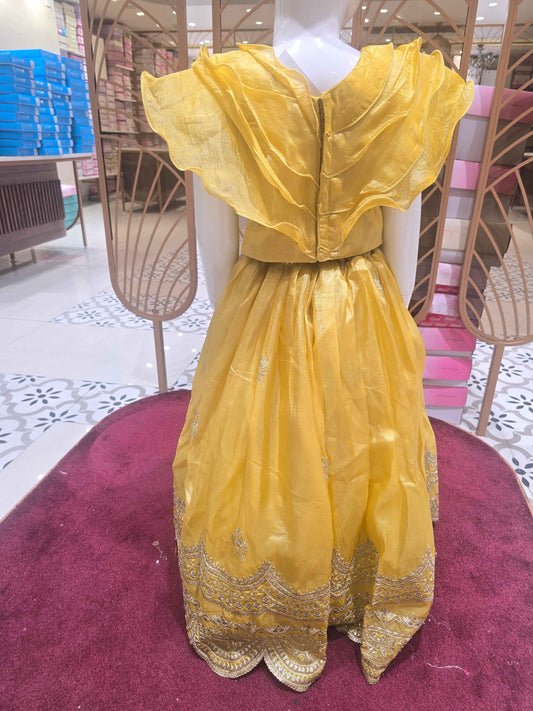 Orange material mustred colour party wear gaghra set with designer top
