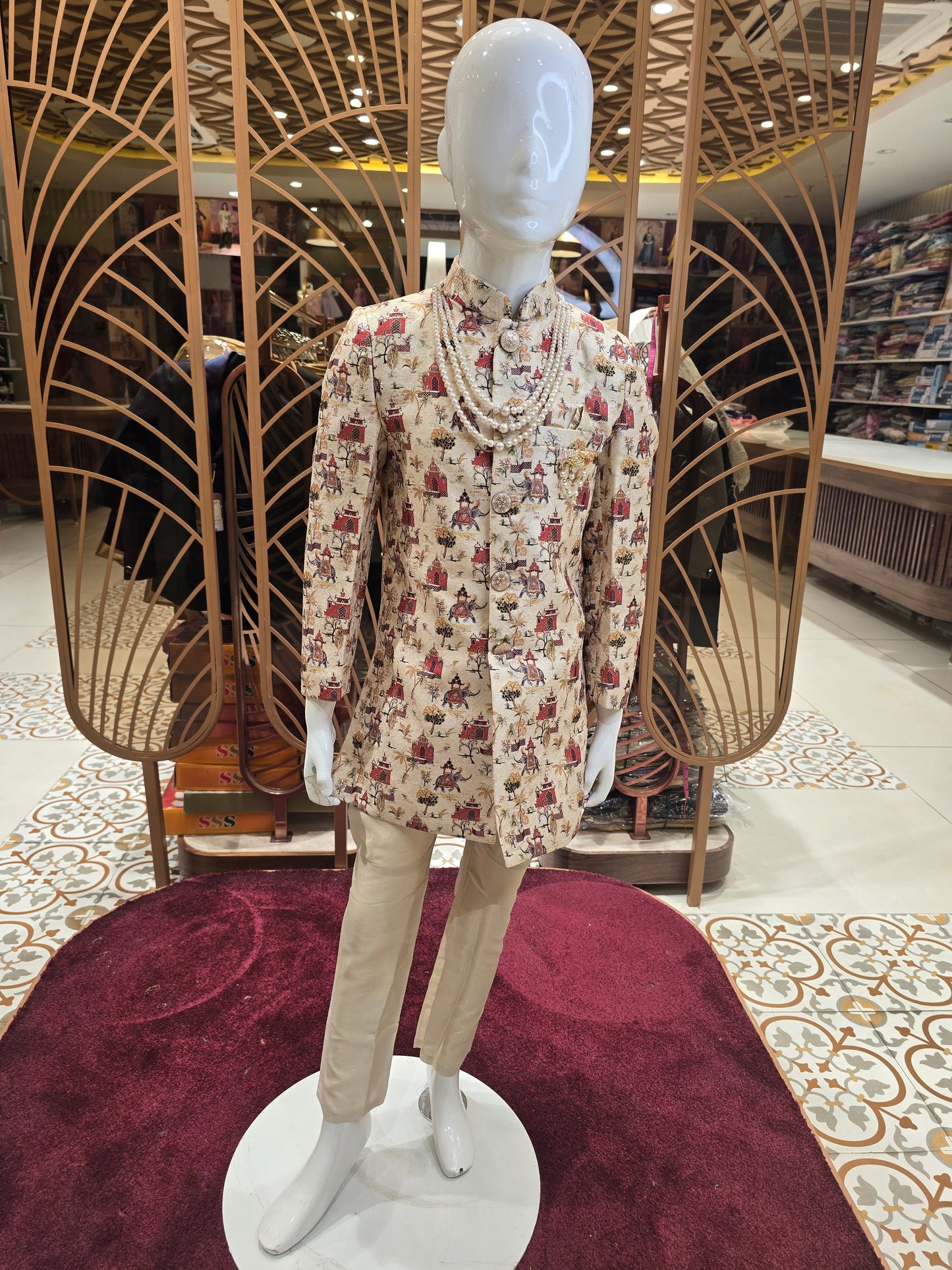 Cream Base Jakhad Fabric Digital Banarasi Printed Indo-Western Set with Micro Sequin Work, Brooch & Maala