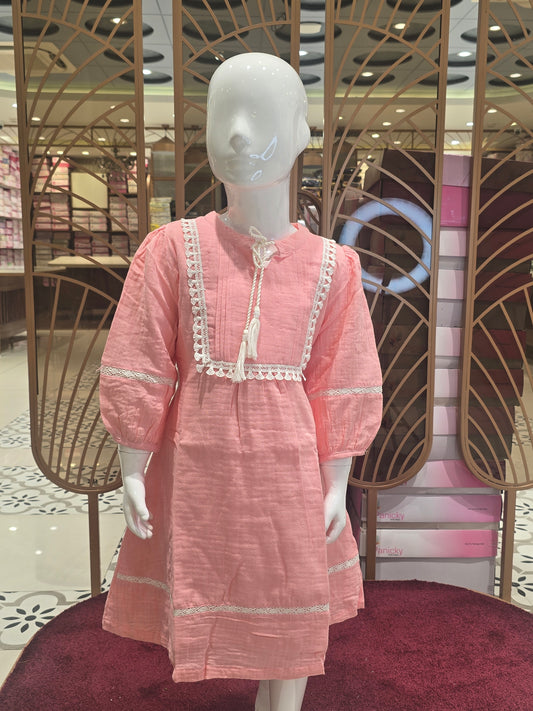 Peach Pink Pure Cotton Short Frock for Girls with White Cutwork Border, Neck Detailing and Small Latkan