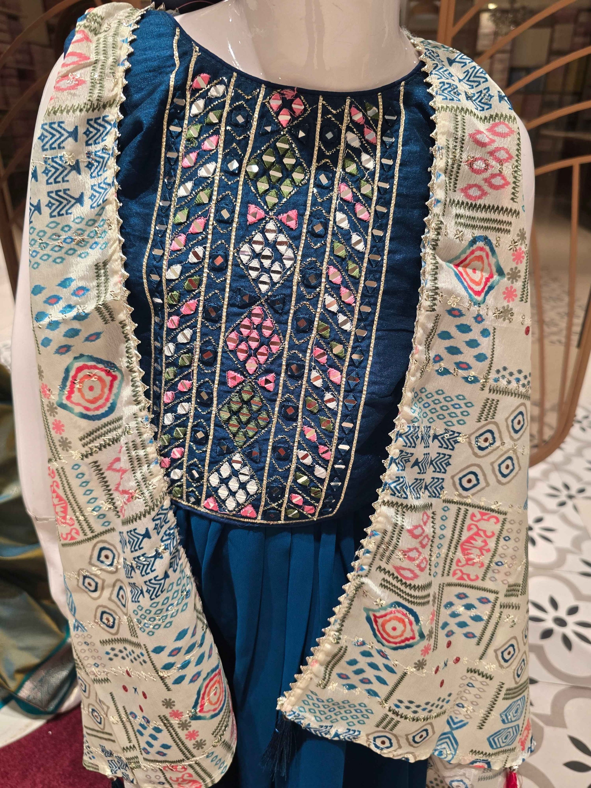 Shiffon material teel blue color sharara set with round neck