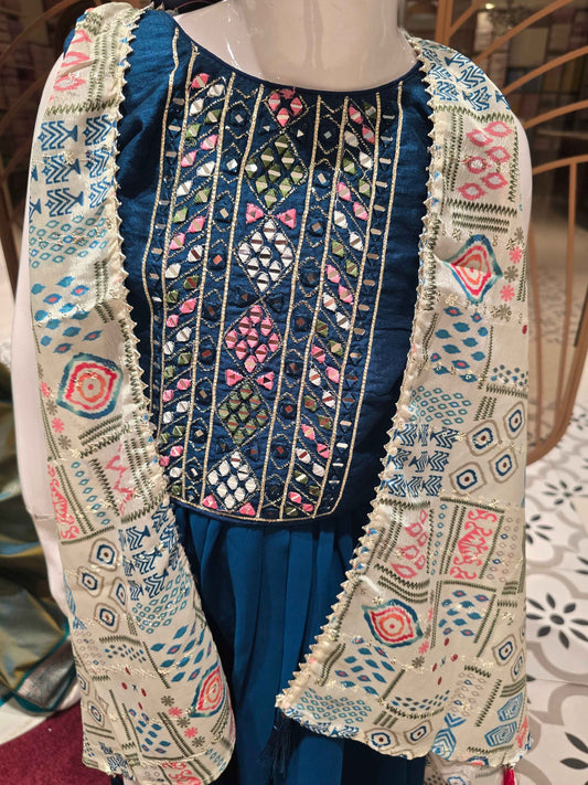 Shiffon material teel blue color sharara set with round neck