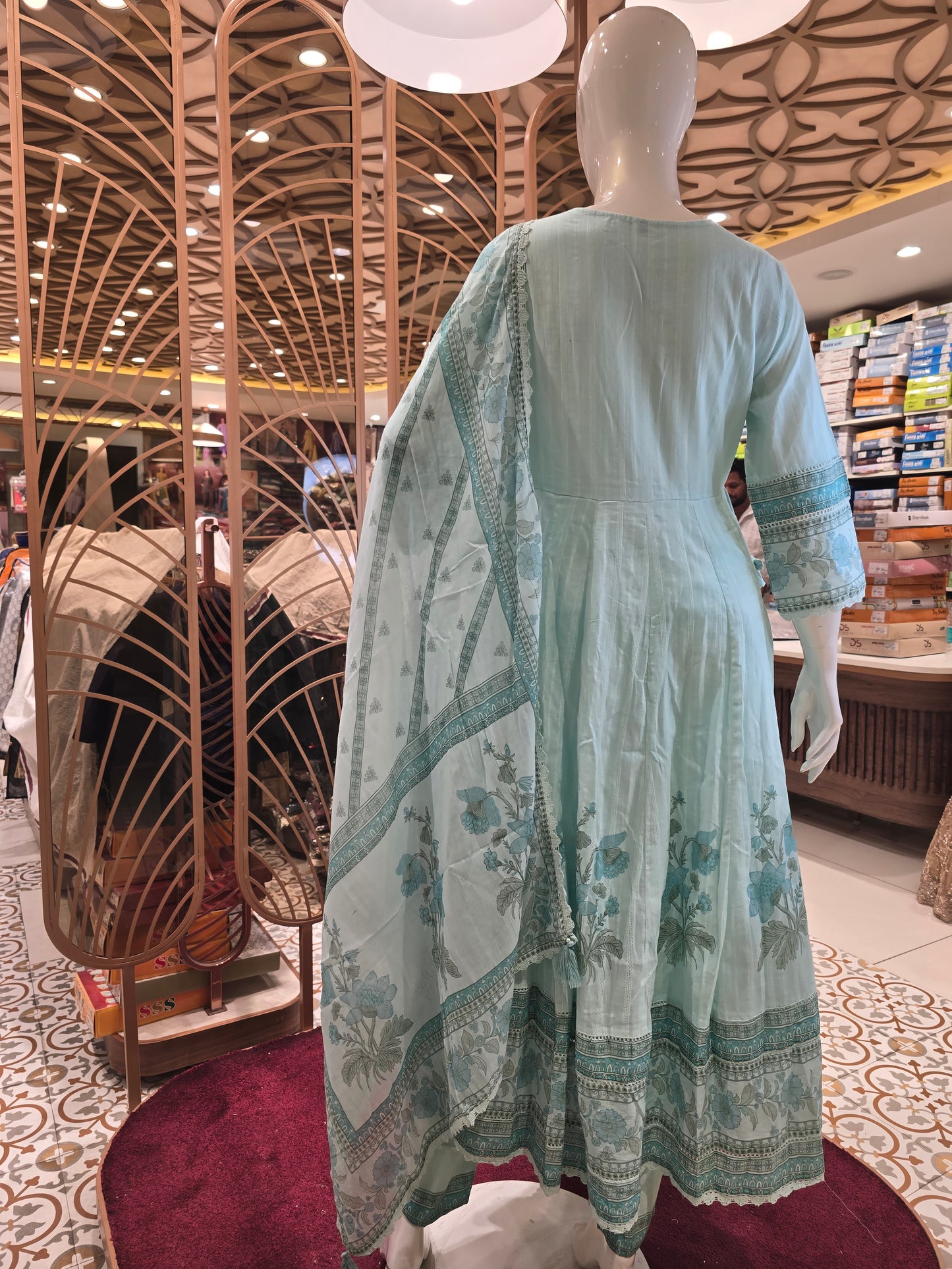 Sky Blue Cotton Anarkali Kurti Set for Women with Floral Printed Border, Micro Cutwork Detailing and Round Neck