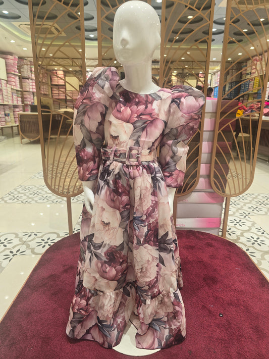 Girls Printed Satin Floral Gown