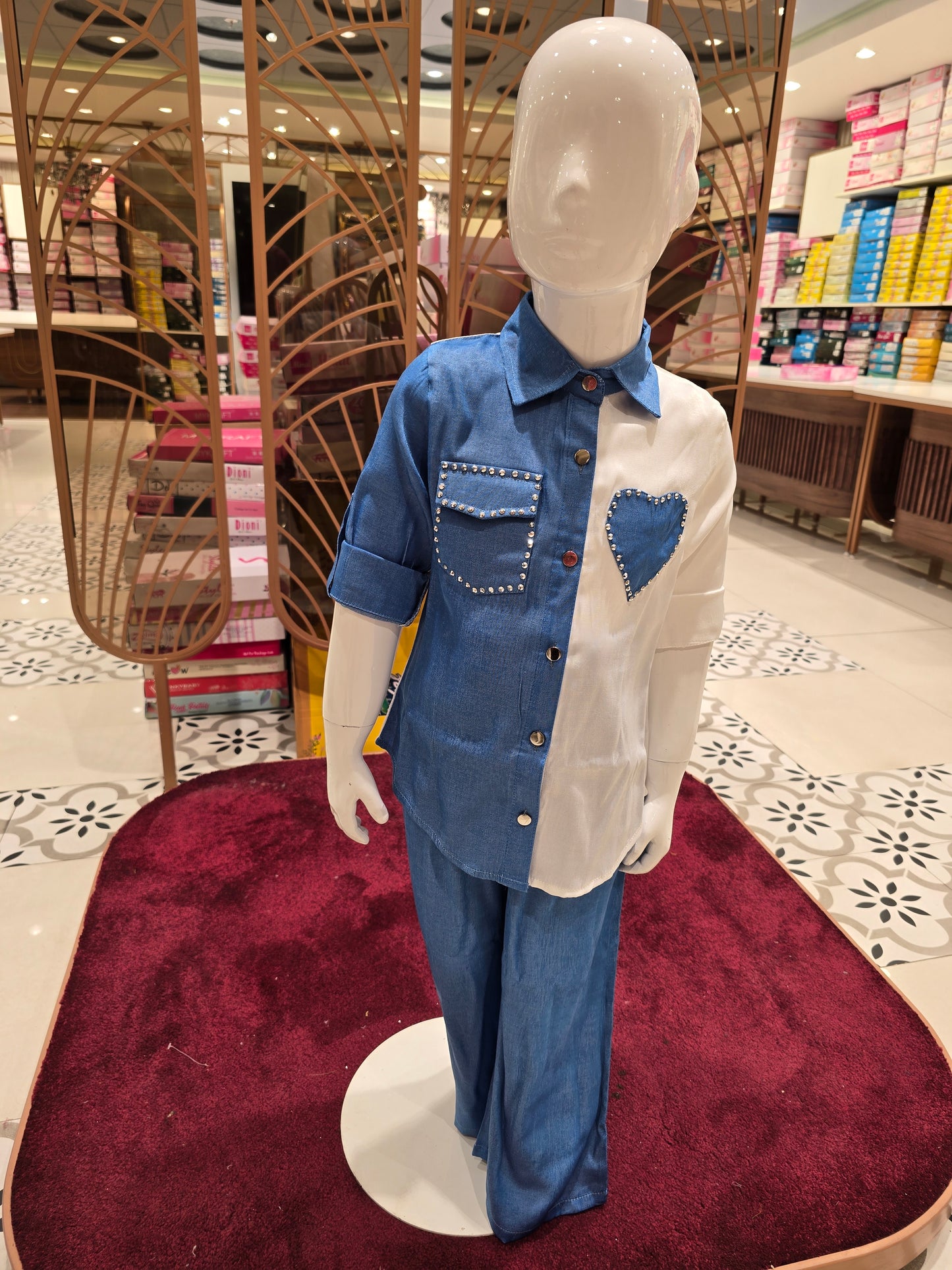 Denim Cotton Blue & White Western Set for Girls with Stone Heart Design, Steel Buttons & Folded Sleeves (2-Piece)