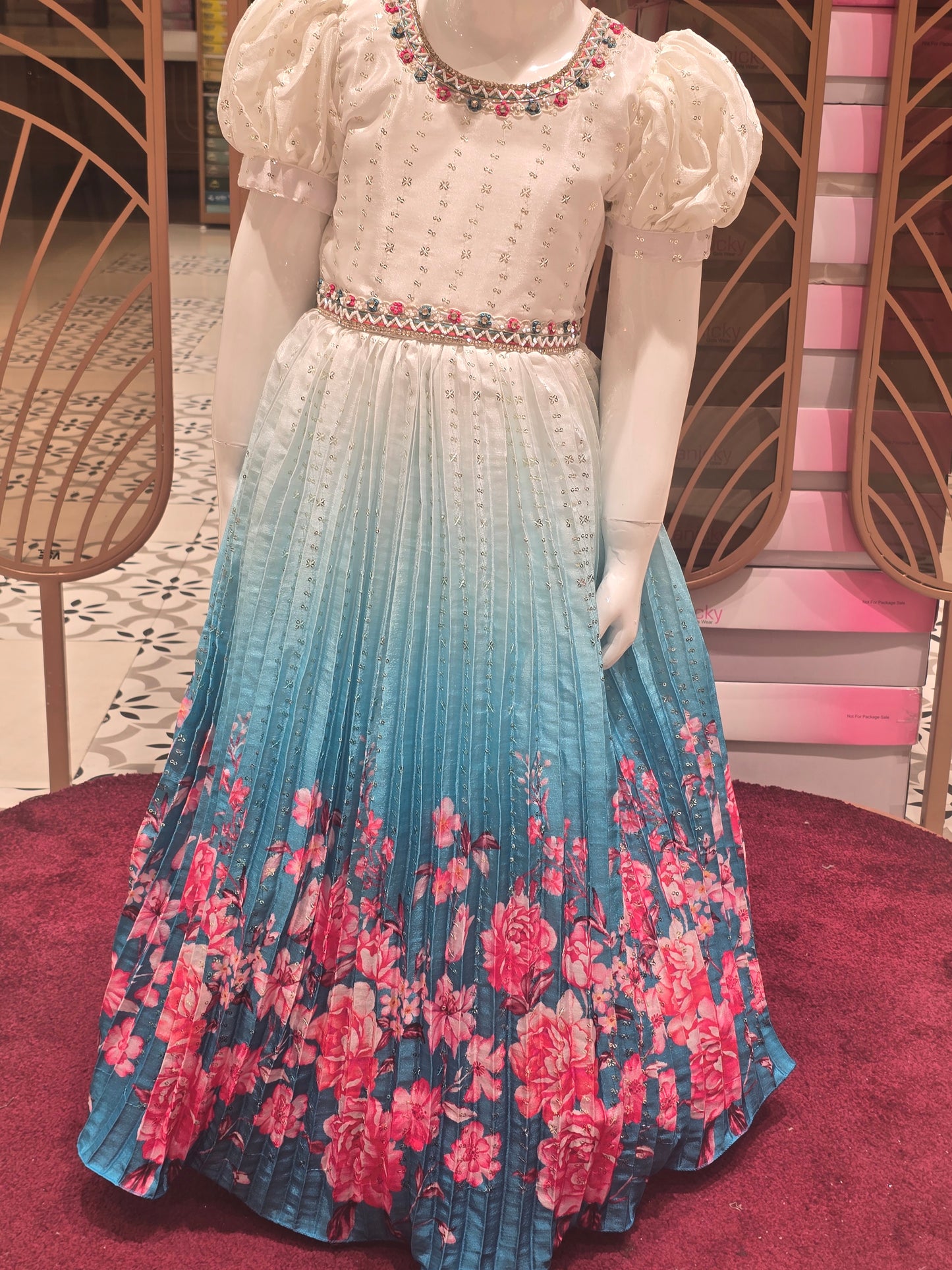 Girl Half White Sky Blue Sequined Crepe Ethnic Gown
