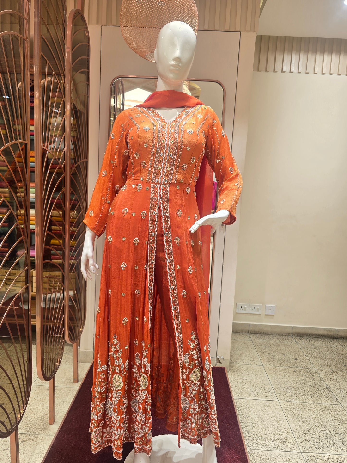 Tissue silk material orange color indo western set with full