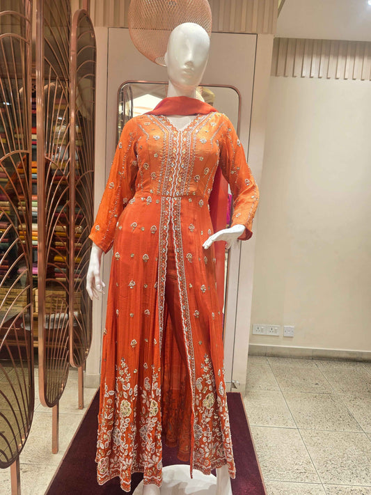 Orange Tissue Silk Indo Western Set for Women