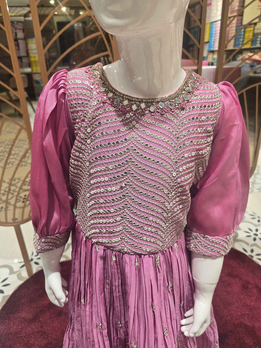 Crush crepe material onion pink color ethnic wear gown with mirror work on neck