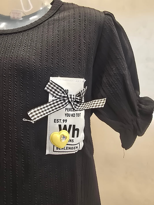 Black Hosiery Fancy T-Shirt for Girls with Rubber Print & Elasticated Buff Sleeves – Casual Wear