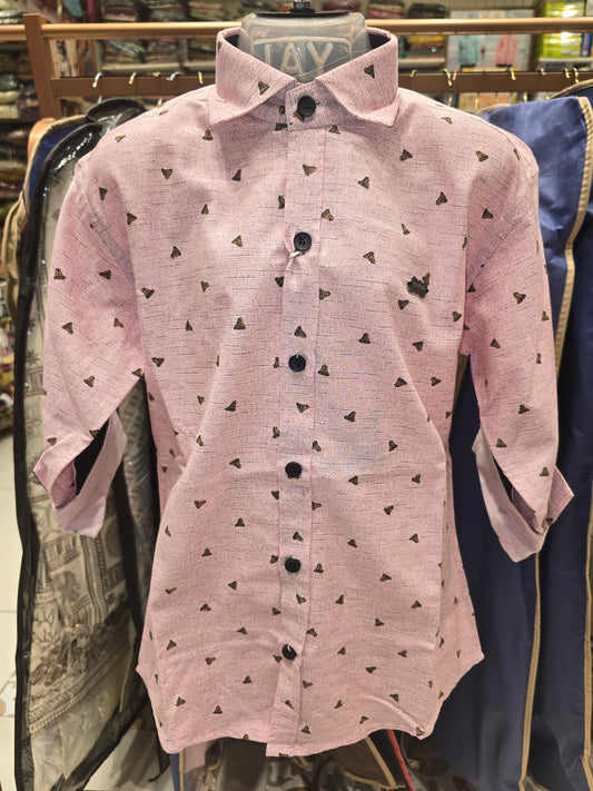 Boys Baby Pink Cotton Printed Shirt with Black Cuff Detail and Full Sleeves