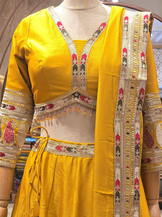 Satin crepe material  lehenga with embroidery work