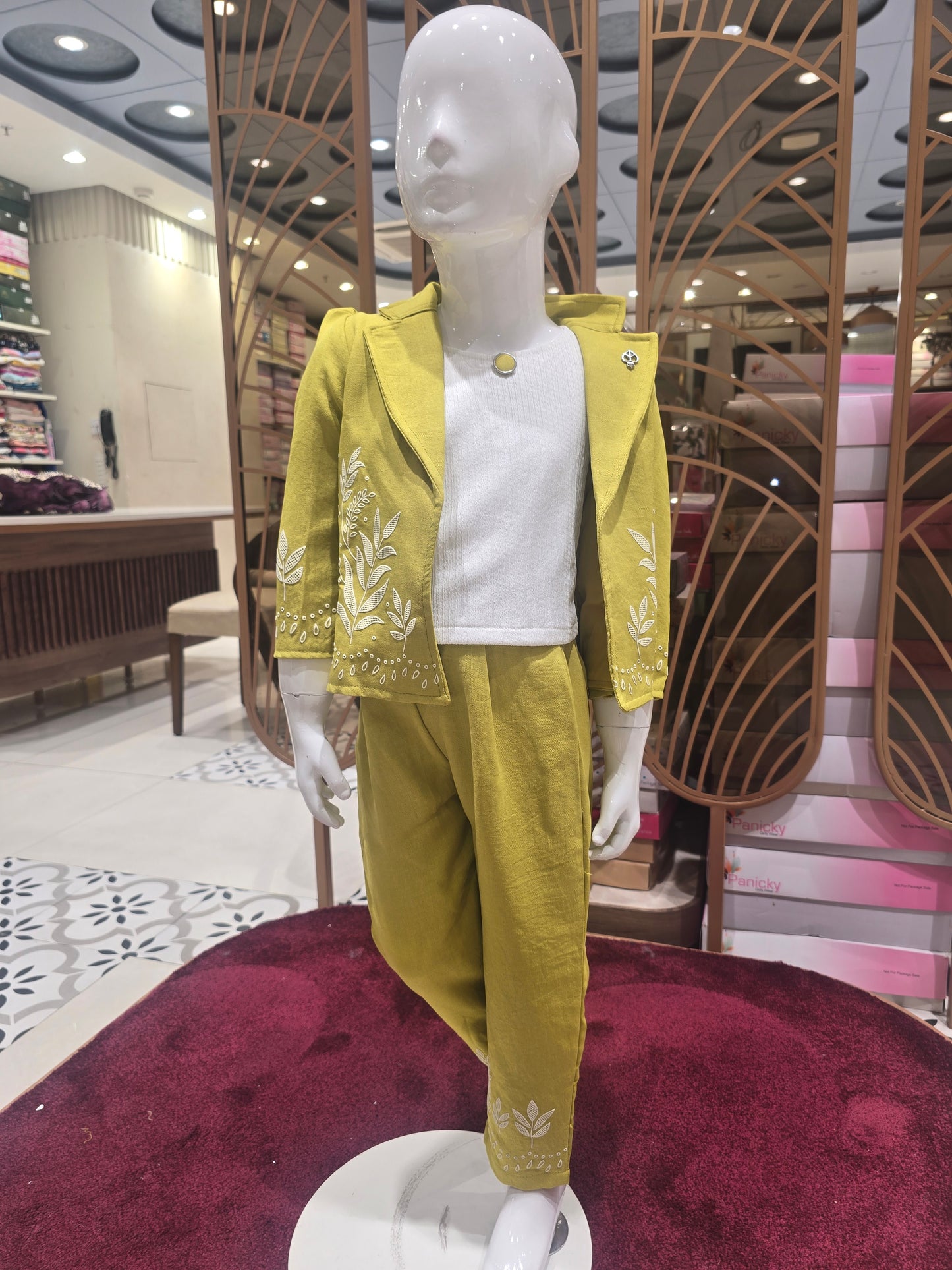 Linen Cotton Light Orange Coat Set with Embroidery Jacket, Puff Sleeves & Sling Bag (3-Piece Set)