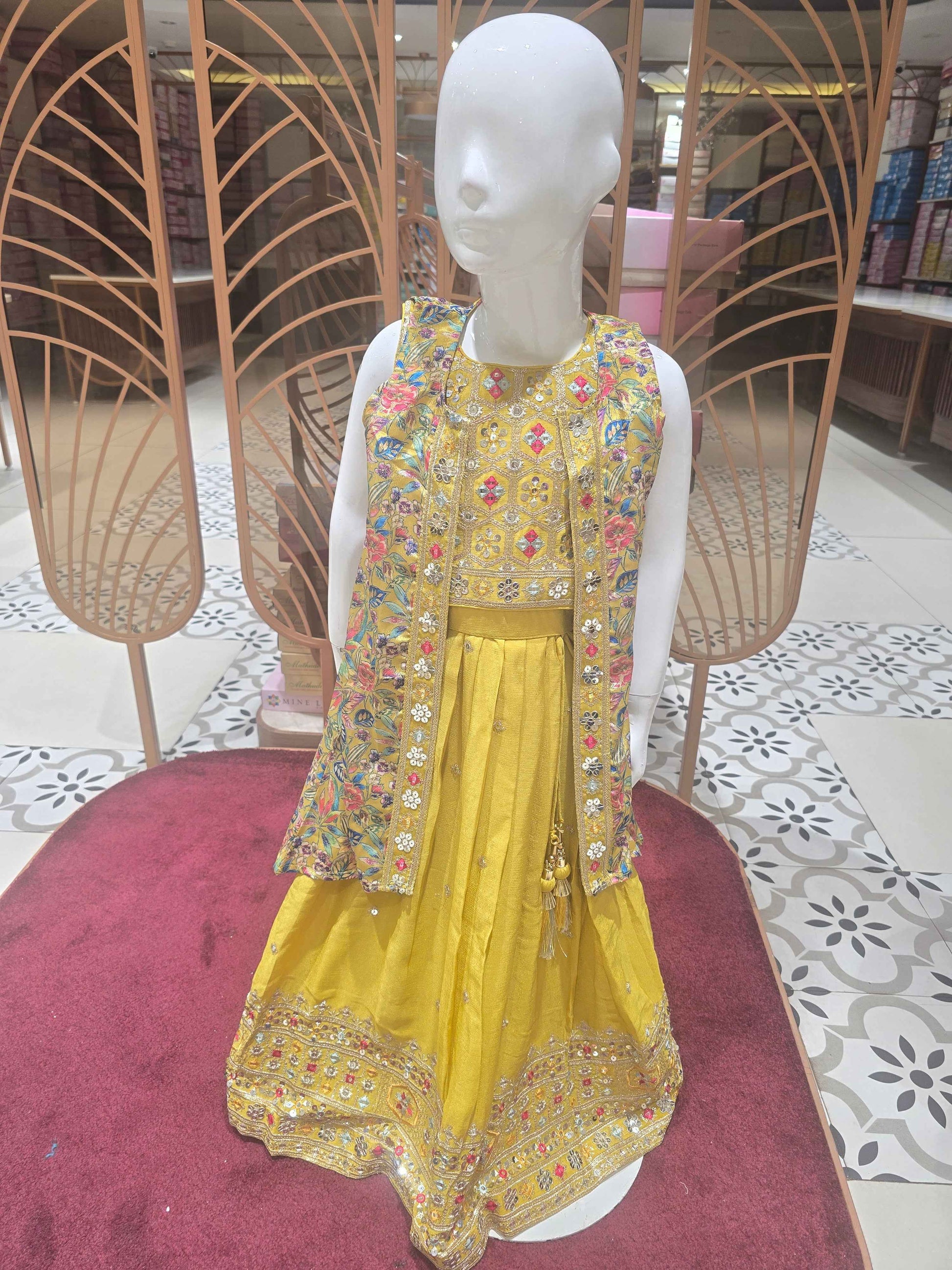 Crepe material mehandi green color ethnic wear with multi color embroidery