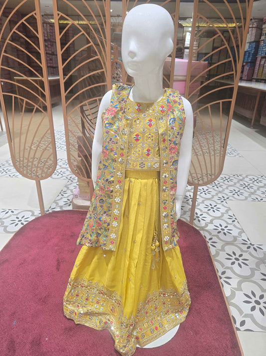 Crepe material mehandi green color ethnic wear with multi color embroidery