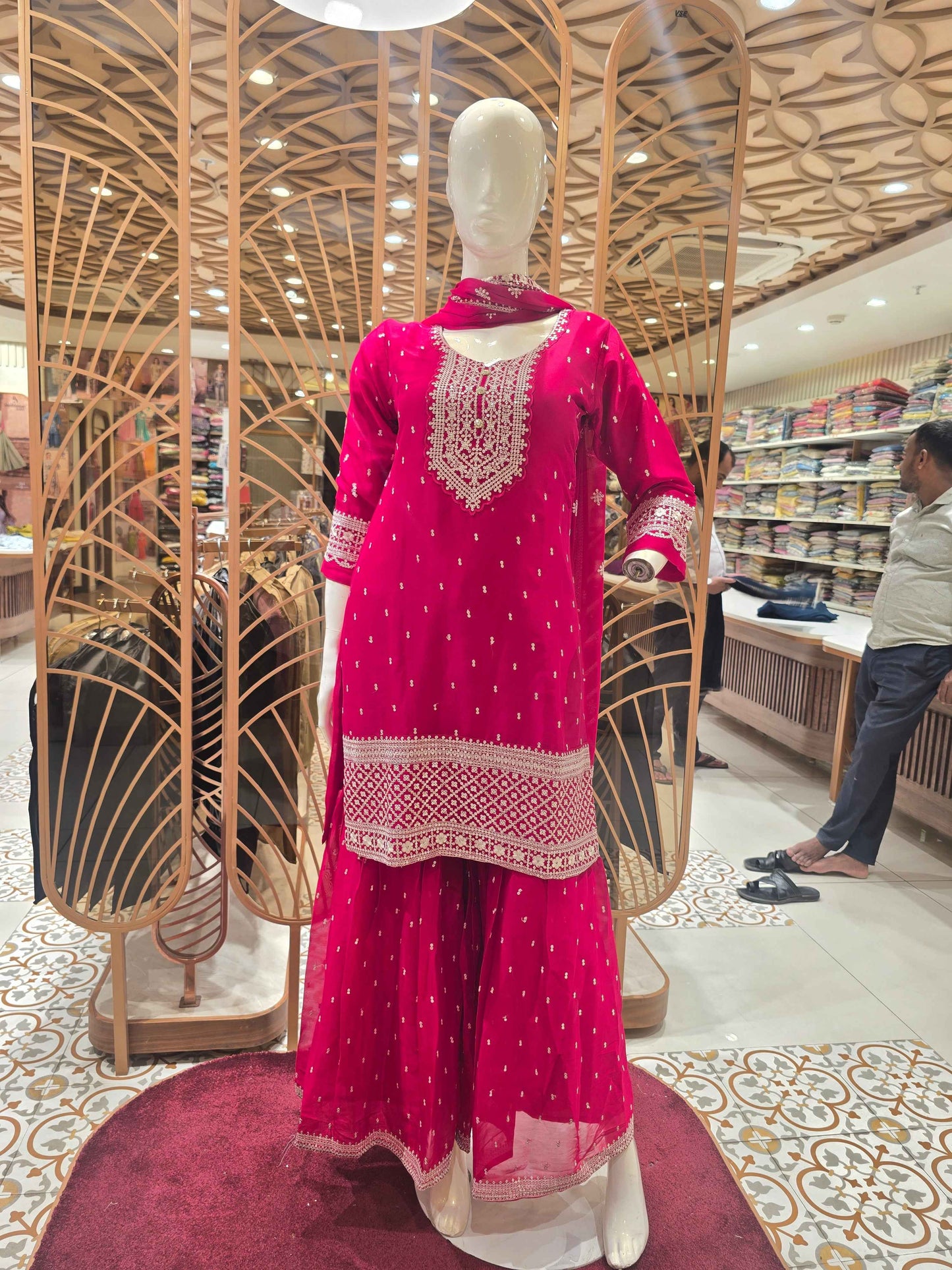 Georgette Material Rani pink colour sharara set with white embroidery and sequin work