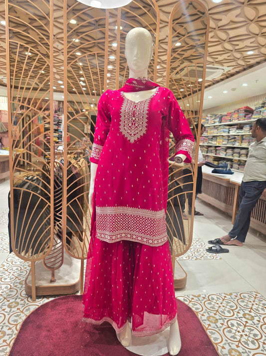 Georgette Material Rani pink colour sharara set with white embroidery and sequin work
