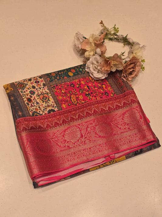 Semi Crepe Printed Silk Saree with Banarasi Border and Contrast Butta Blouse | Festive & Party Wear