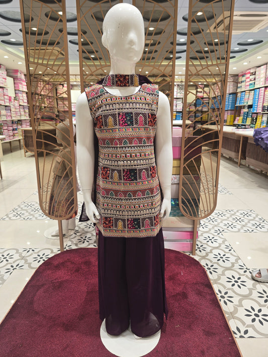 Shiffon material wine colored sharara with zari multi colored embroidery and plated plazo traditional wear with chikar dupata