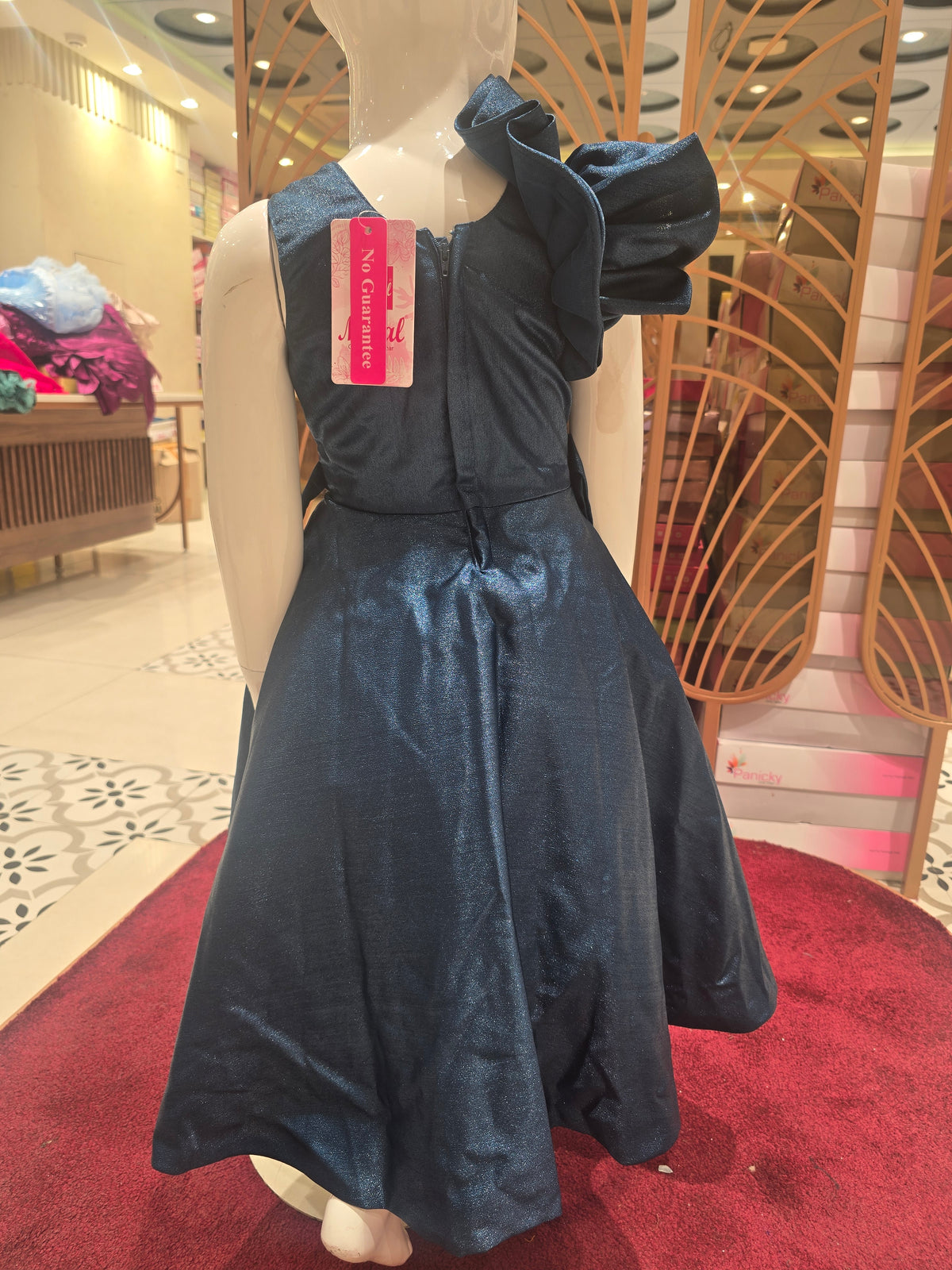 Girls Teal Blue Shimmer Tail Cut Short Frock with Rose Sleeve and Stone Waist Detail