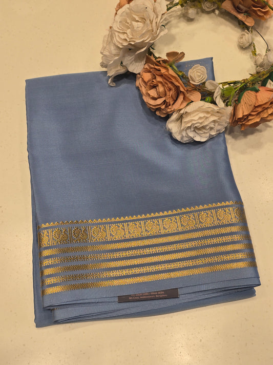 Women Grey Pure Mysore Crepe Silk Self Saree with Peacock Gatti Border