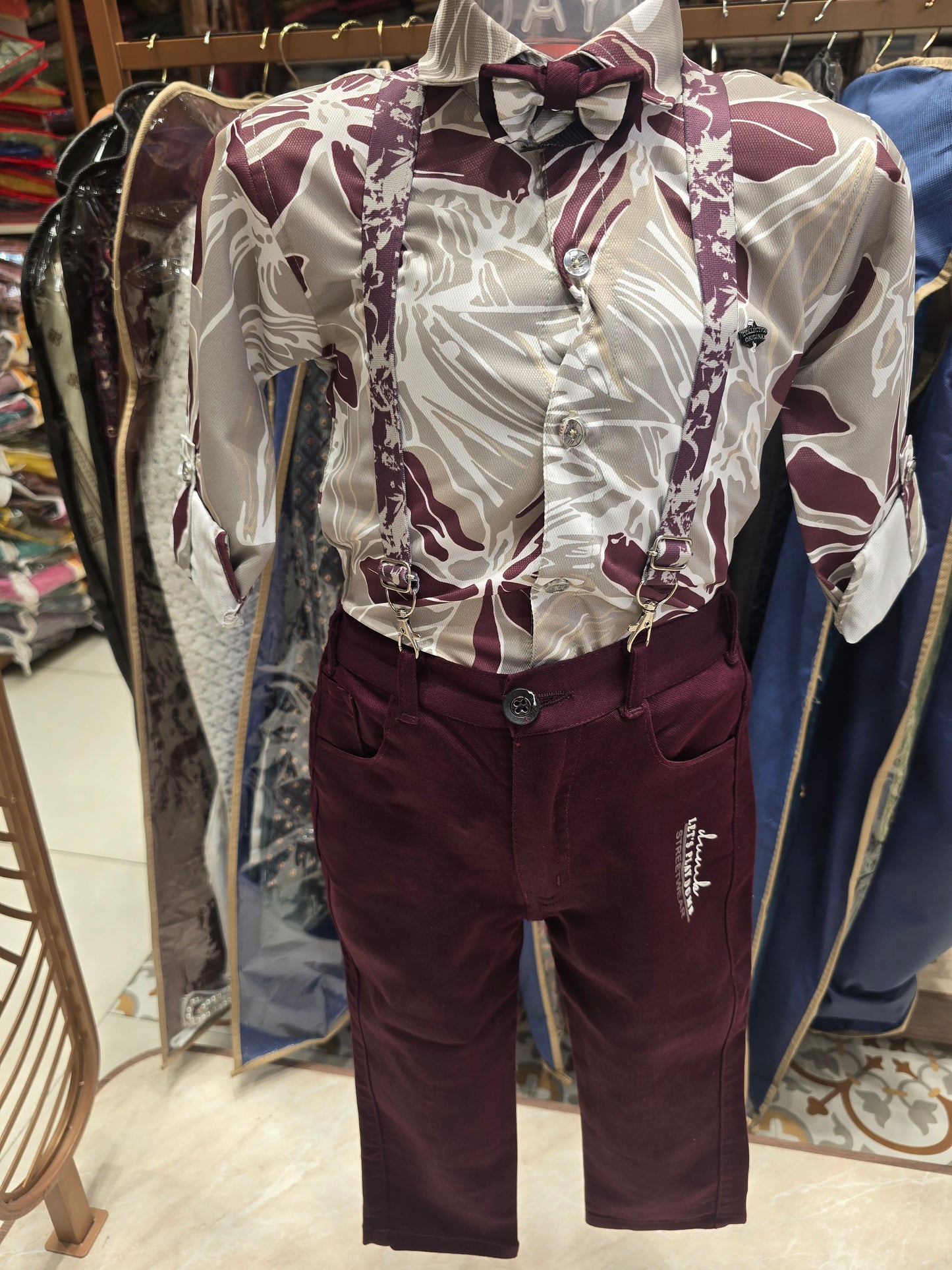 Boys Satin Mixed Printed Dangri Suspender 3 Piece Set with Bow, Cap and Maroon Pant for Party and Summer Wear