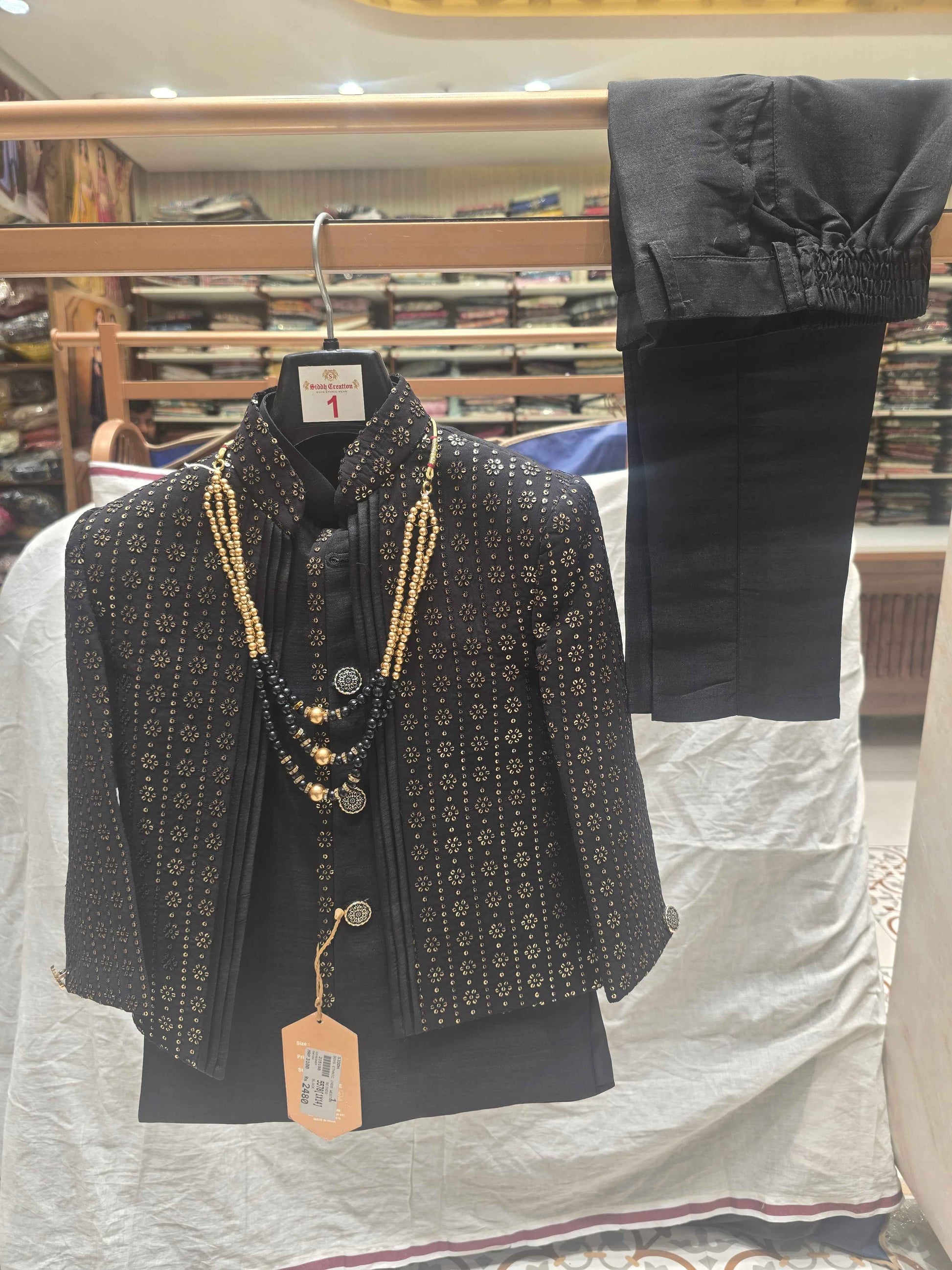 Boys Black Dupion Silk Indo-Western Set with Mala