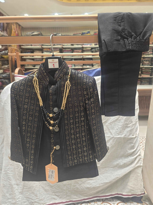 Boys Black Dupion Silk Indo-Western Set with Mala