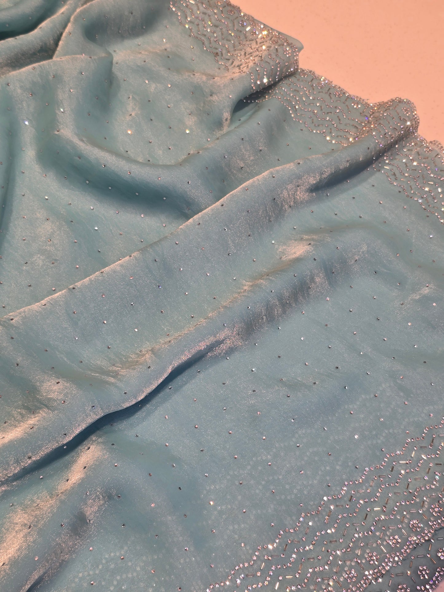 Organza Saree with Jharkhand Stone Work Across the Body | Sky Blue Self-Work Blouse | Party Wear