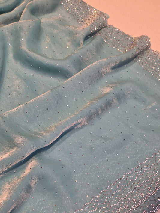 Organza Saree with Jharkhand Stone Work Across the Body | Sky Blue Self-Work Blouse | Party Wear