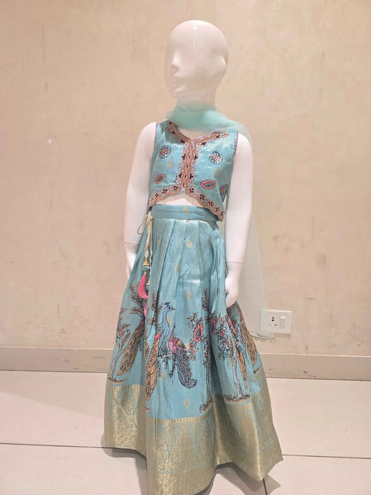 Sky Blue Tissue Ghagra Choli for Girls