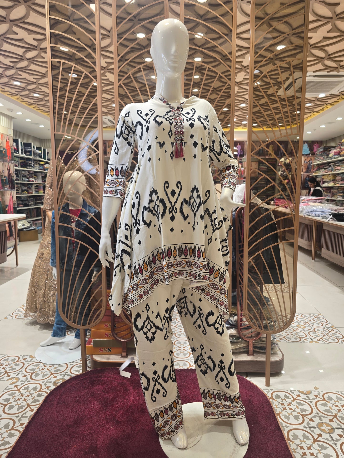 Women’s Rayon Coat Set in White Base with Black Printed Design, V-Neck Kurta and Printed Trousers for Daily and Casual Wear