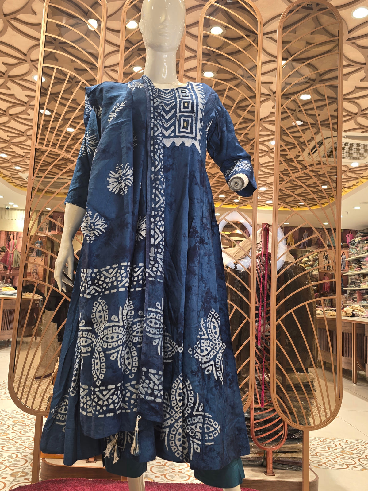 Denim Blue Semi Cotton Anarkali Kurti Set for Women with White Printed Design and Classic Round Neck
