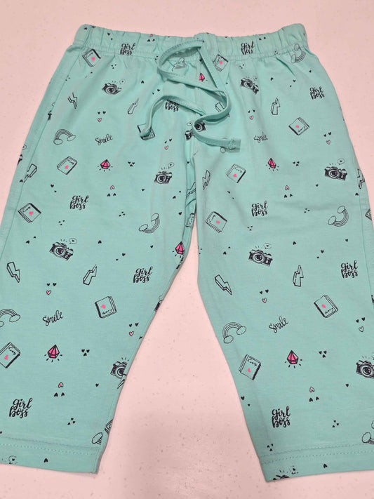 Printed Cotton material sea green colour capri for girl