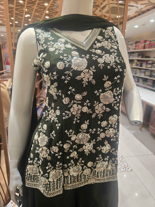 Elegant Green Tissue Sharara Suit Set with Sequin Handwork and Chiffon Dupatta