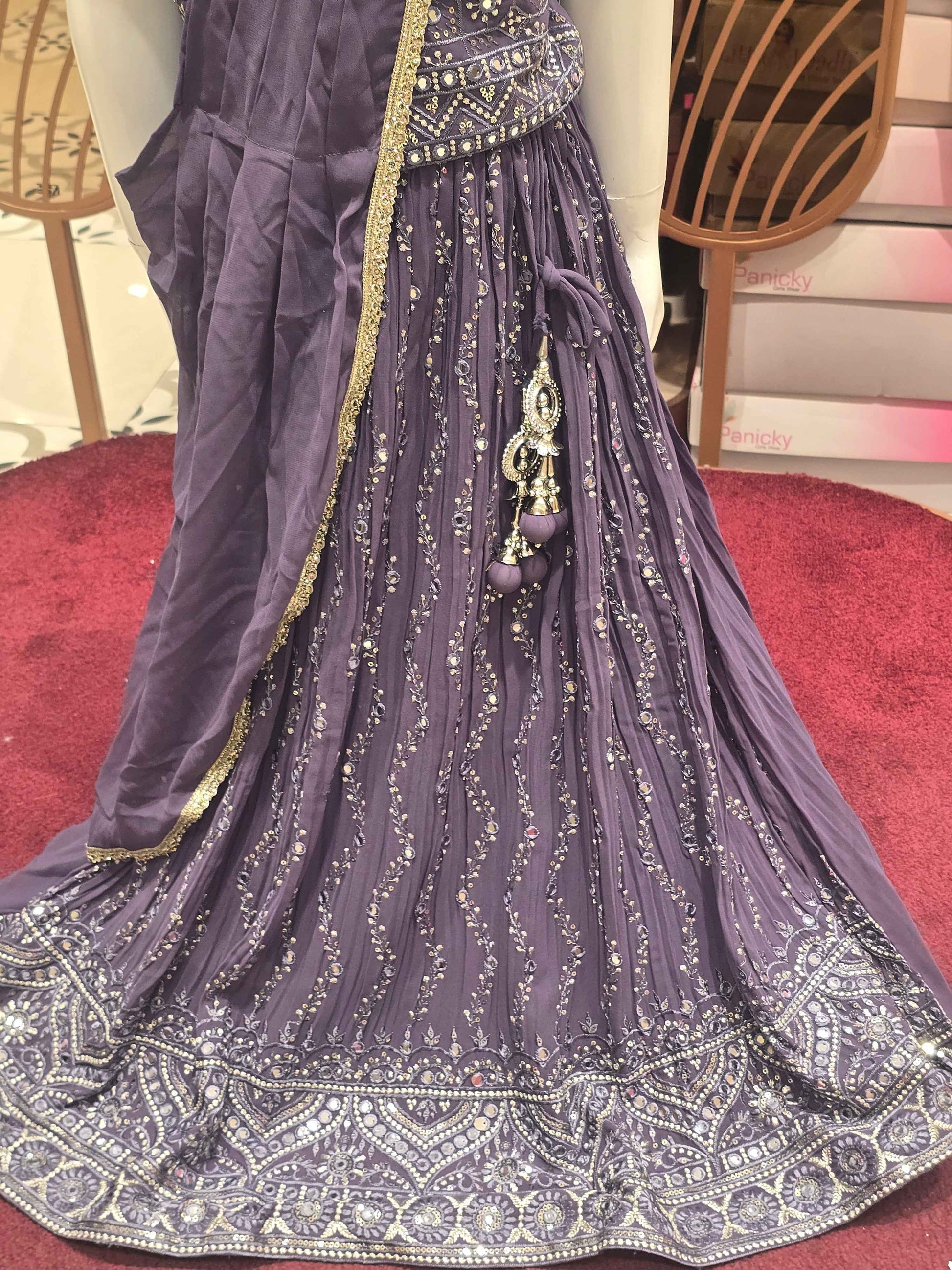 Georgette chiffon material lavender colour gaghra choli with zigzag styled sequence & thread work and handwork on round neck