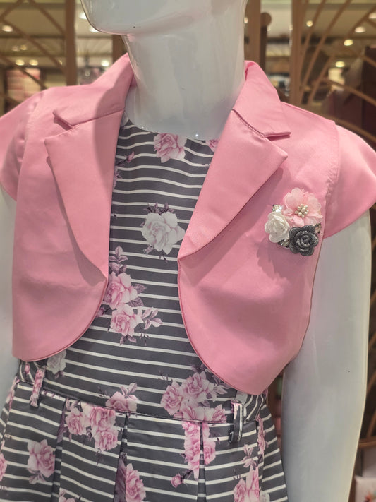 Girls Grey Floral Satin Short Frock with Striped Design and Baby Pink Detachable Jacket