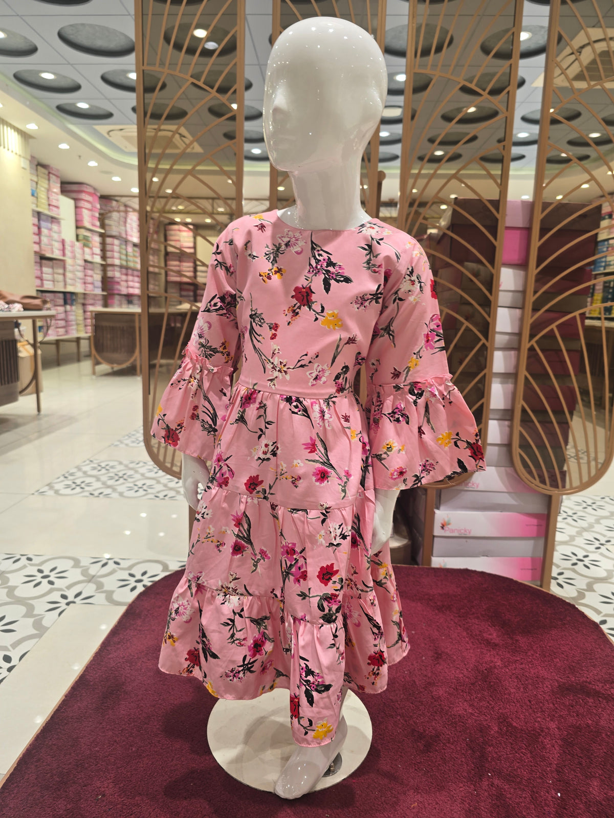 Girls Baby Pink Floral Crepe Short Frock with Bell Sleeves and Round Neck