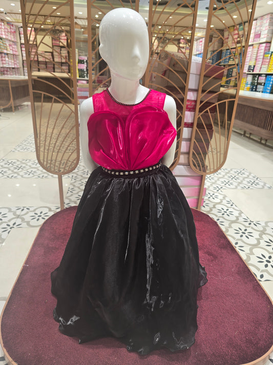 Cherry Red Satin Top with Black Bottom Gown featuring Attached Stylish Waist Belt – Party Wear for Girls (Age 5, Size 24)