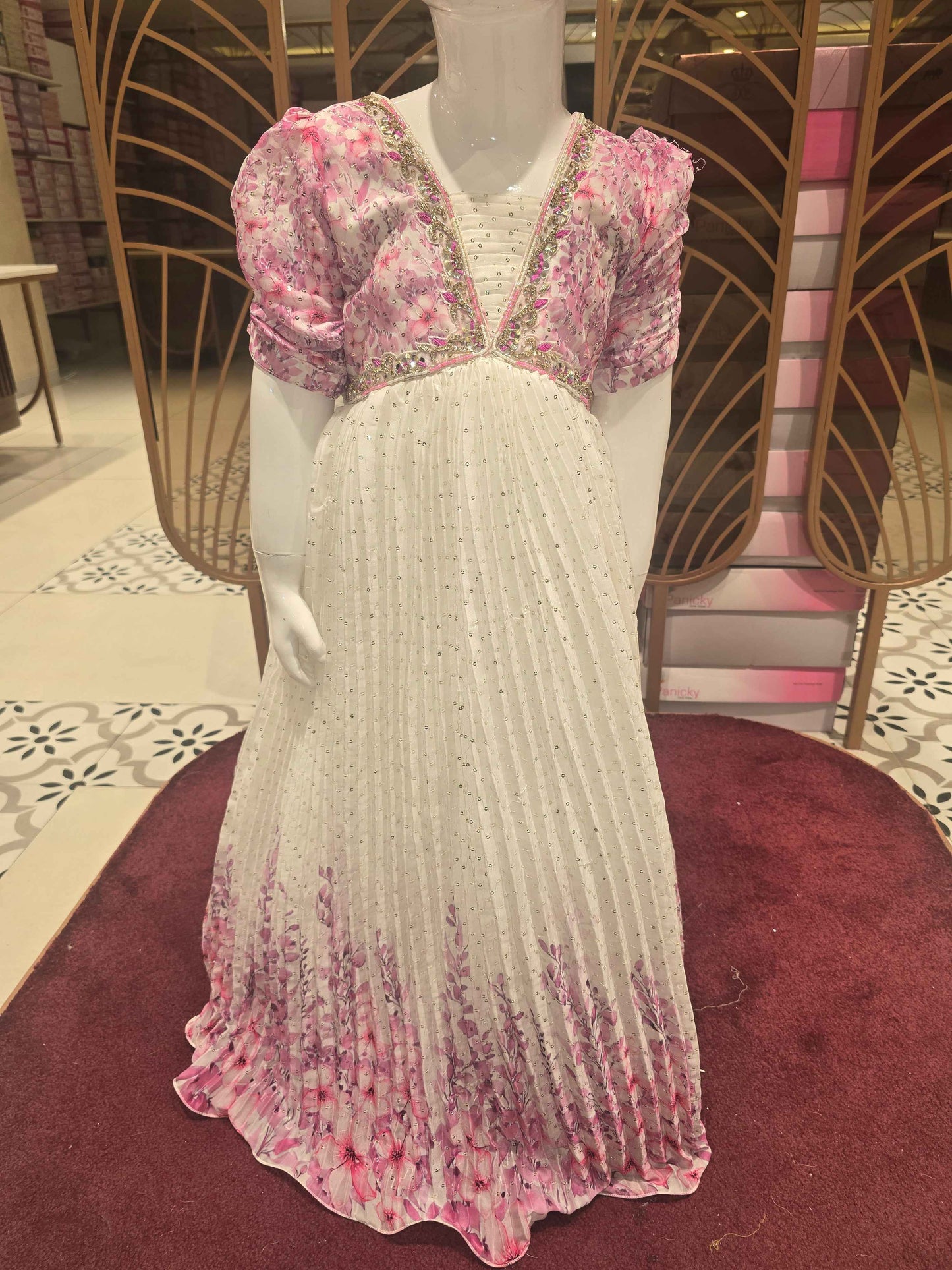 Girl White Pink Printed Sequin Chiffon Gown