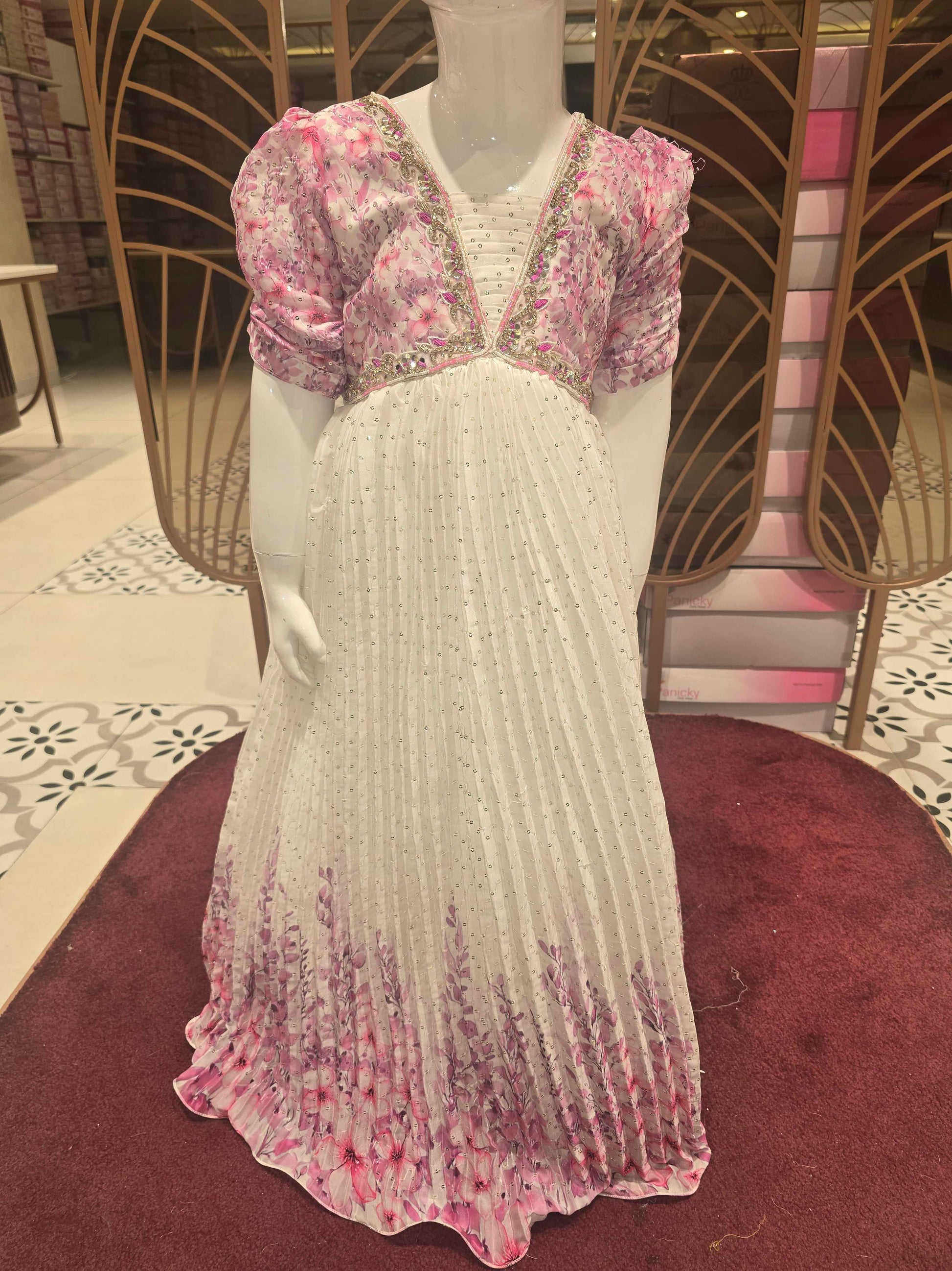 Girl White Pink Printed Sequin Chiffon Gown