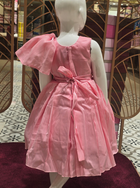 Girl Peach Satin Crepe Party Short Frock