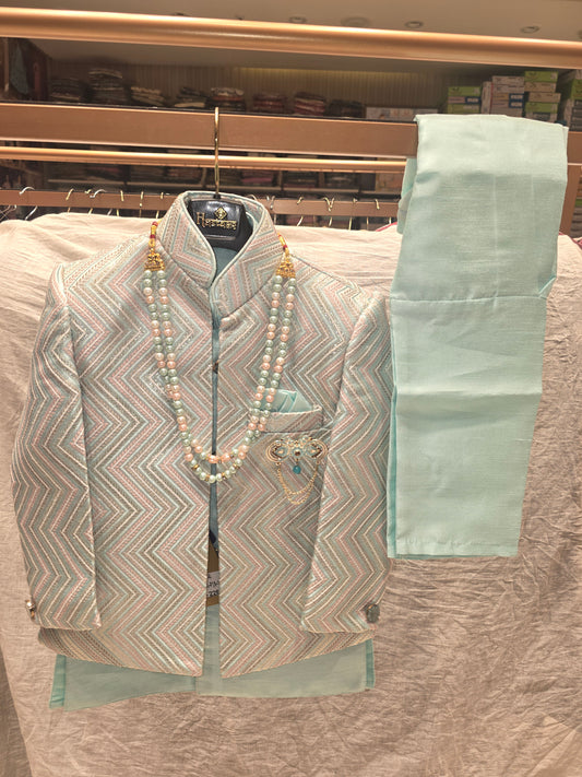 Boys Pista Green Dupion Silk Indo-Western Set with Zigzag Design and Mala