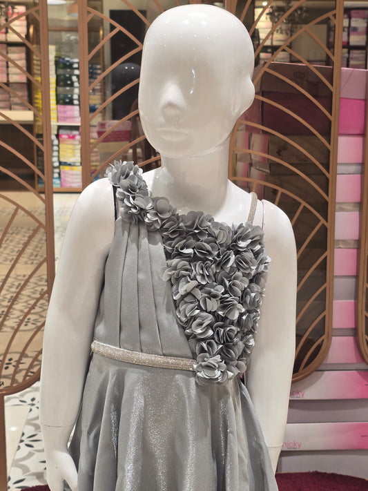 Girl Light Grey Satin Shimmer Western Gown