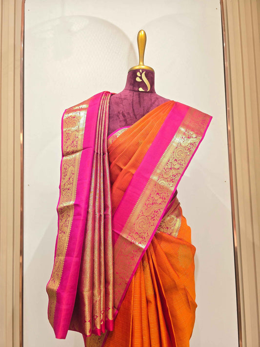 Handloom pure Kanjivaram silk saree orange with pink colour and bentex border