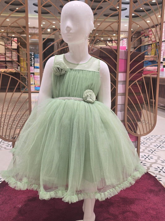 Girl Light Green Knitted Shimmer Party Short Frock