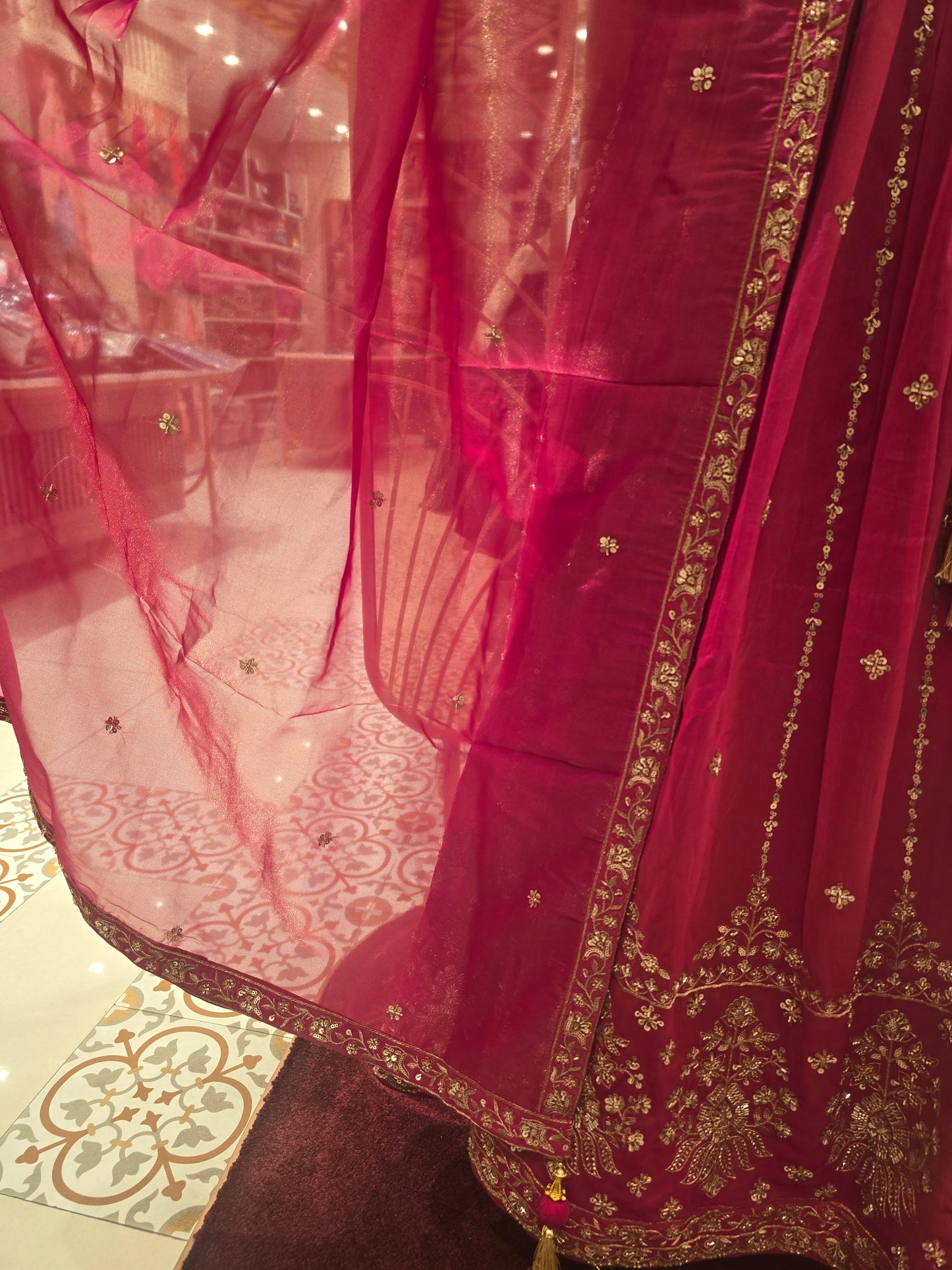 Rani Pink Tissue Bridal Lehenga with Handwork Blouse & Stone–Sequin Detailing | Elbow Sleeve & Tissue Dupatta