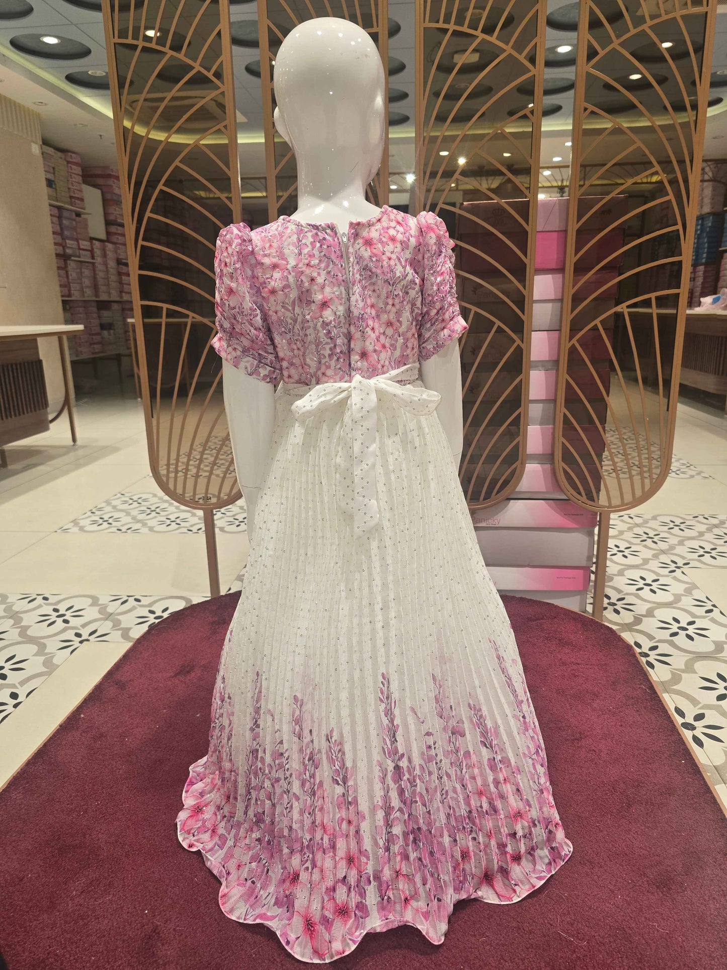 Girl White Pink Printed Sequin Chiffon Gown