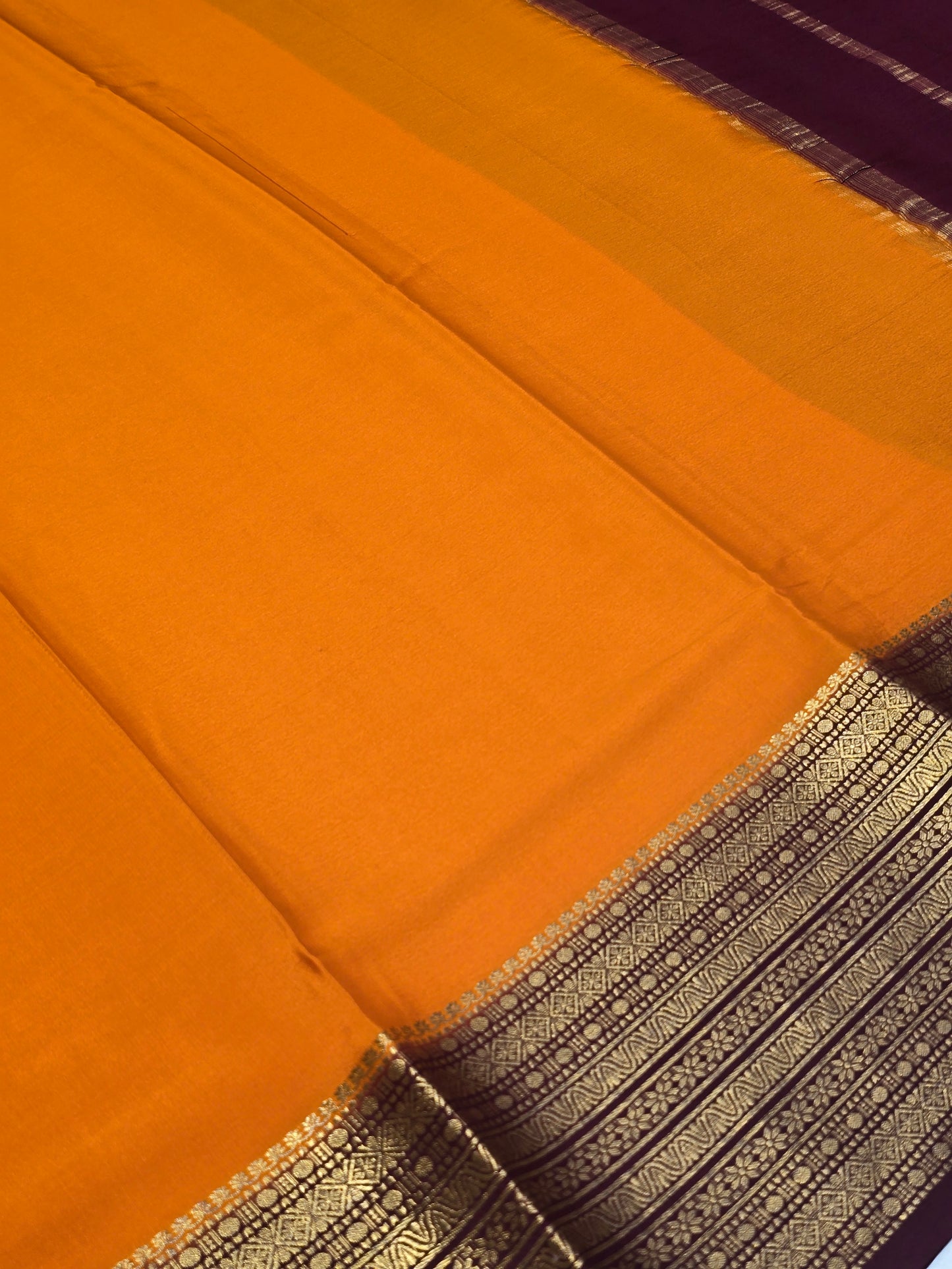 Pure mysore crepe silk with contrast blouse and kaddi pallu , traditional border