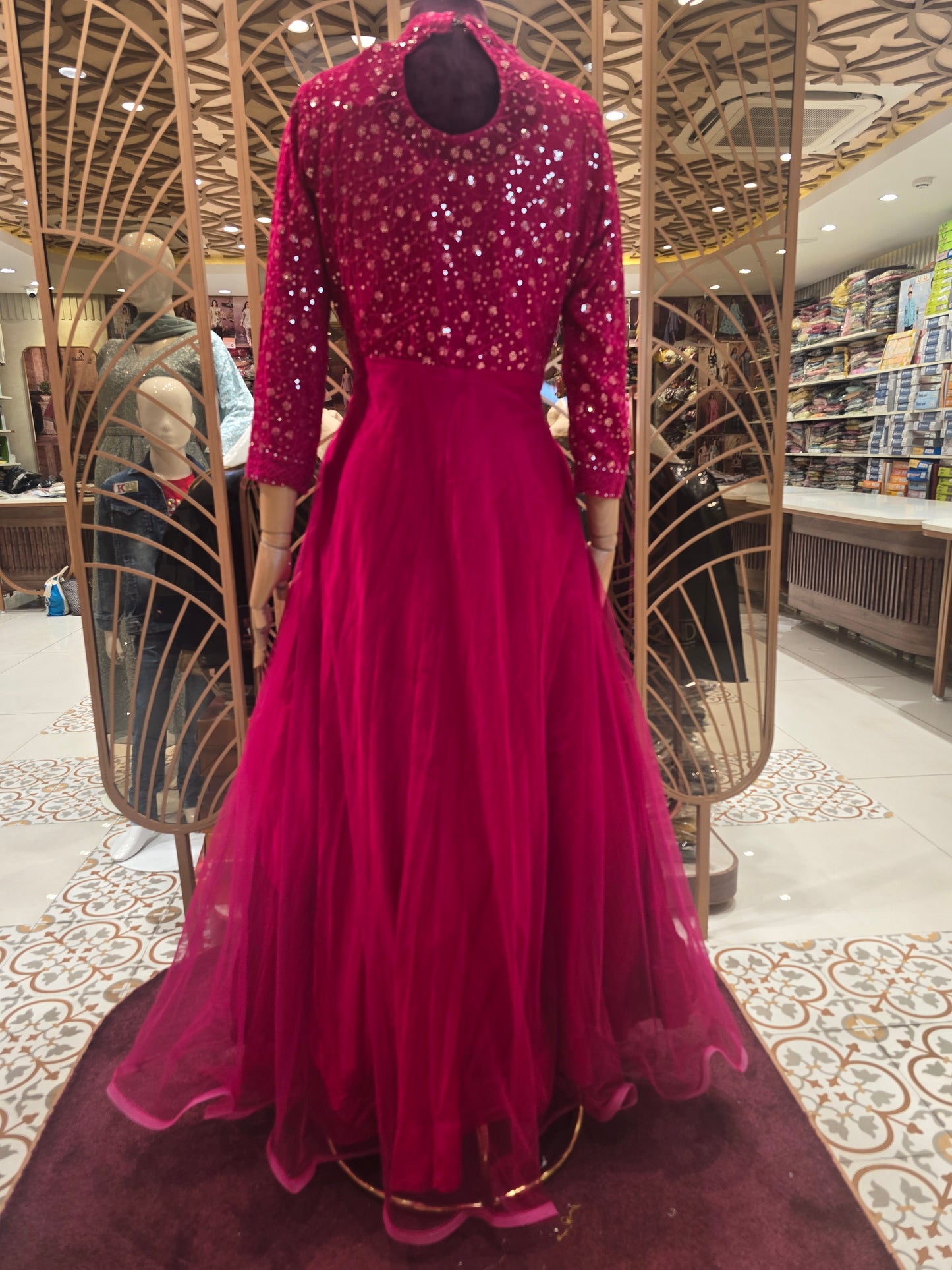 Women’s Net Party Wear Gown in Cherry Color with Micro Sequins Flower Embroidery Work, Front Cut I-Neck Design for Wedding and Festive Occasions