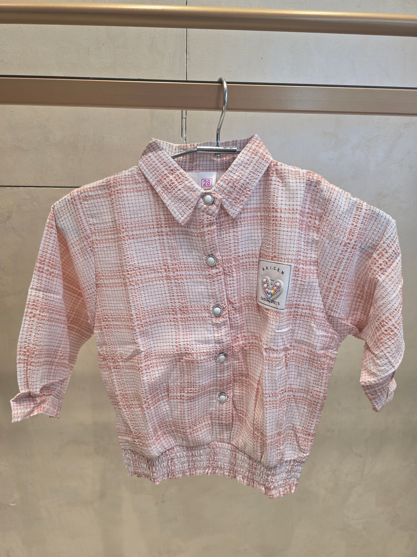 White & Peach Cotton Crush Checked Pattern Western Top with Stylish Buttons & Elastic Waist